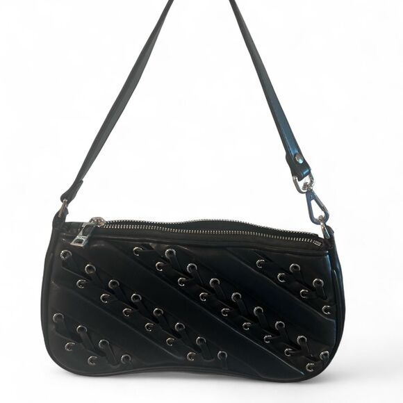 JW PEI Black Leather Eva Shoulder Bag Criss Cross Tie Up Silver Handbag - Picture 1 of 4